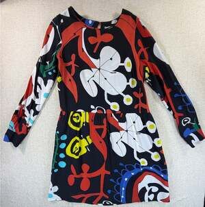 Desigual Women 44 Red Abstract V Neck Long Sleeve Knee Length Babydoll Dress